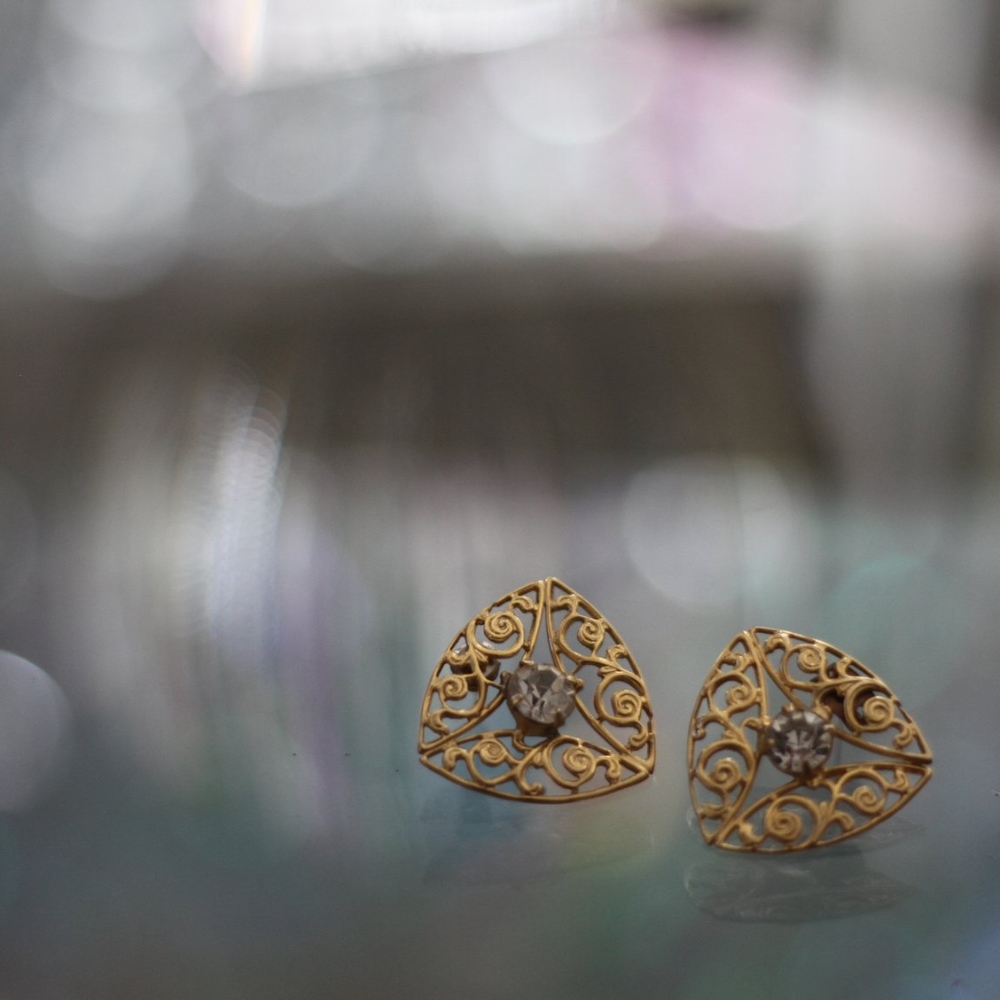 Gold Triangle Rhinestone Earrings - Picture 4 of 6